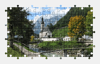 Jigsaw puzzle online church,alps,germany,river,autumn,mountains,nature