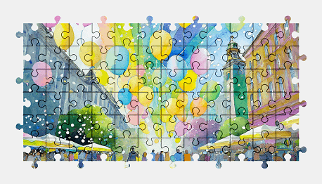 Jigsaw puzzle online balloon,painting,city,colorful