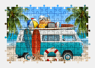 Jigsaw puzzle online beach,bus,vehicle,colorful,palm-tree