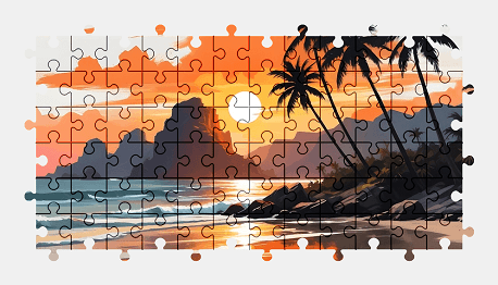 Jigsaw puzzle online beach,sunset,painting,nature,colorful,palm-tree