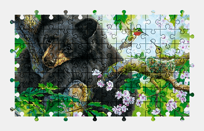 Jigsaw puzzle online bear,painting,animal,colorful,bird,tree