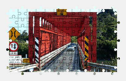 Jigsaw puzzle online red,bridge,road,railway,sign,colorful,new-zealand