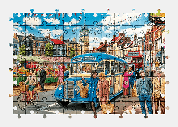 Jigsaw puzzle online bus,painting,city,street,colorful,vehicle