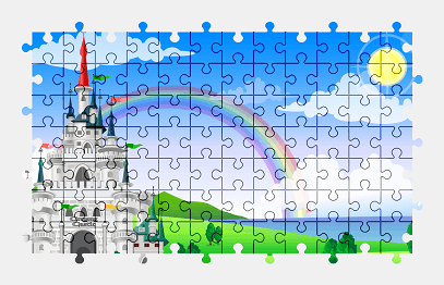 Jigsaw puzzle online cartoon,castle,building,rainbow,nature