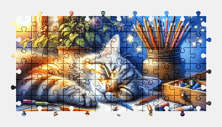 Jigsaw puzzle online cat,painting,colorful,pet,animal,pencils