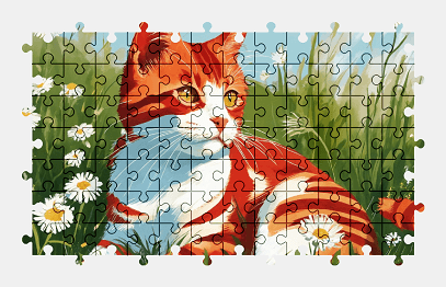 Jigsaw puzzle online cat,painting,grass,flower,animal,nature,colorful