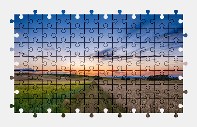 Jigsaw puzzle online countryside,road,field,grass,sunrise,sky,clouds,nature,landscape,colorful