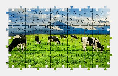 Jigsaw puzzle online cow,pasture,animal,green,grass,mountains,landscape,nature,colorful