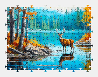 Jigsaw puzzle online deer,painting,autumn,lake,nature,colorful