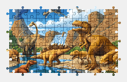 Jigsaw puzzle online dinosaur,animal,reptile,volcano,waterfall,nature,colorful,painting