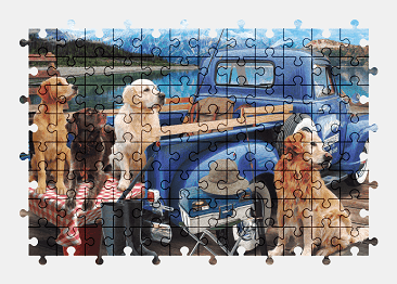 Jigsaw puzzle online dog,pickup,painting,colorful,animal,vehicle,fishing,lake