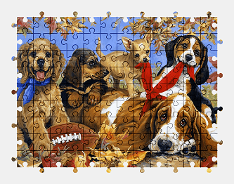 Jigsaw puzzle online dog,ball,painting,animal,autumn,leaves,colorful