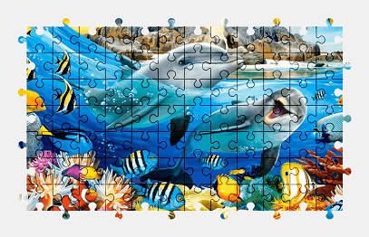 Jigsaw puzzle online dolphin,fish,painting,underwater,island,colorful