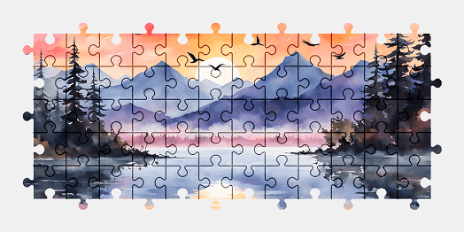 Jigsaw puzzle online lake,painting,nature,sunset,mountains,colorful