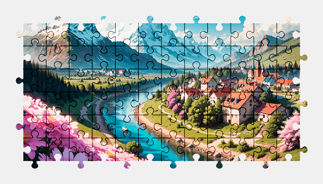 Jigsaw puzzle online fantasy,landscape,mountains,river,nature,colorful,town