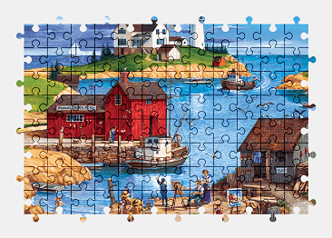 Jigsaw puzzle online fishing,village,painting,colorful,lighthouse