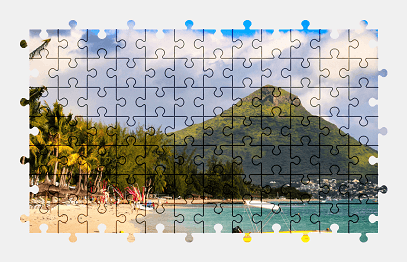 Jigsaw puzzle online beach,village,mountains,colorful,nature,palm-tree,boat