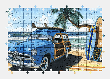 Jigsaw puzzle online ford,painting,car,vehicle,beach,palm-tree,colorful