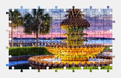 Jigsaw puzzle online fountain,decoration,water,colorful,palm-tree,sunset