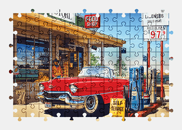 Jigsaw puzzle online gas-station,painting,colorful,red,car,vehicle