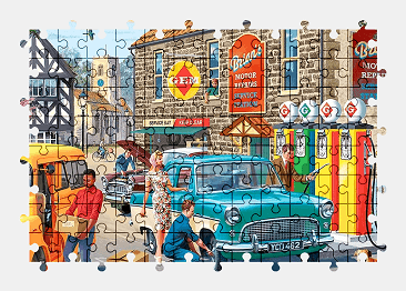 Jigsaw puzzle online gas-station,car,vehicle,colorful,painting,building