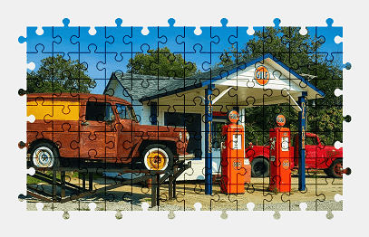 Jigsaw puzzle online gas-station,building,vintage,car,vehicle,colorful