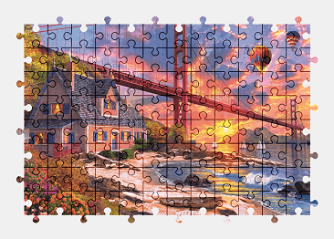 Jigsaw puzzle online golden-gate-bridge,painting,colorful,landscape,sunset,house