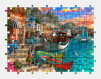 Jigsaw puzzle online greece,boat,sunset,colorful,art,color,building