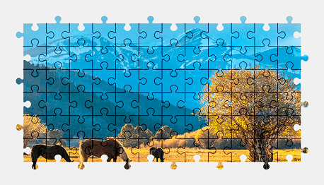 Jigsaw puzzle online horse,pasture,mountains,nature,autumn,animal,colorful