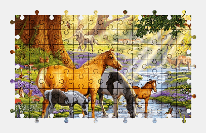 Jigsaw puzzle online horse,animal,painting,river,forest,colorful