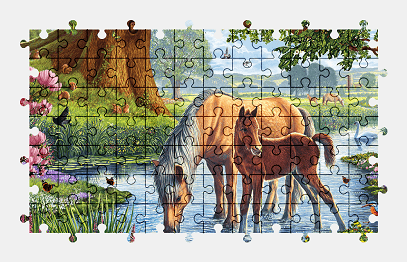 Jigsaw puzzle online horse,painting,nature,colorful,animal,river