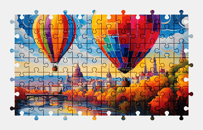 Jigsaw puzzle online hot-air-balloon,aircraft,vehicle,colorful,bridge,city,fantasy