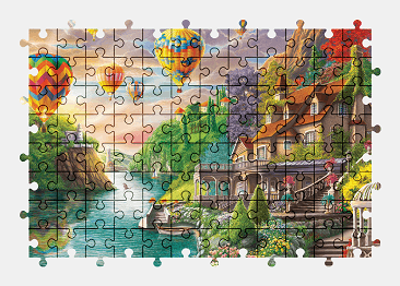 Jigsaw puzzle online hot-air-balloon,painting,colorful,aircraft,building