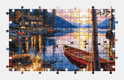 Jigsaw puzzle online lake,painting,boat,building,colorful,nature,vehicle