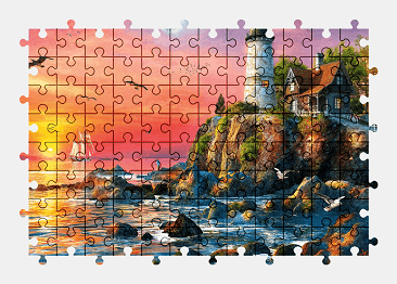 Jigsaw puzzle online lighthouse,sunset,painting,colorful,art