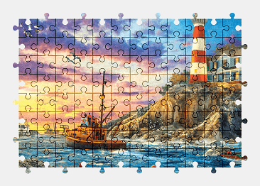 Jigsaw puzzle online lighthouse,painting,ship,vehicle,colorful,sunset,building