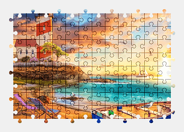 Jigsaw puzzle online lighthouse,painting,sunset,boat,art,colorful