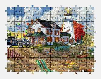 Jigsaw puzzle online lighthouse,painting,building,beach,car,colorful