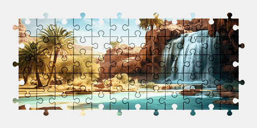 Jigsaw puzzle online oasis,waterfall,nature,colorful,palm-tree