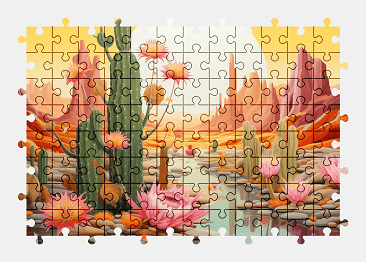 Jigsaw puzzle online oasis,painting,cactus,sun,nature,colorful,desert
