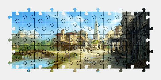 Jigsaw puzzle online old,town,painting,river,building,colorful