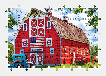 Jigsaw puzzle online red,barn,building,farm,pickup,colorful,horse