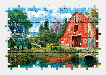 Jigsaw puzzle online red,barn,tractor,house,painting,colorful