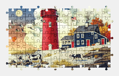Jigsaw puzzle online red,lighthouse,painting,colorful