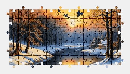 Jigsaw puzzle online river,painting,sunset,nature,colorful,winter,snow