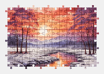 Jigsaw puzzle online river,painting,winter,sunset,snow,colorful,nature