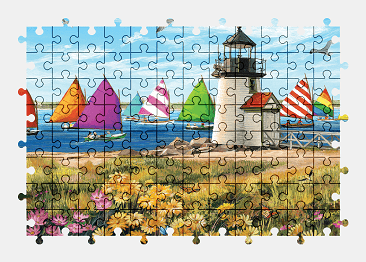 Jigsaw puzzle online boat,painting,vehicle,lighthouse,colorful
