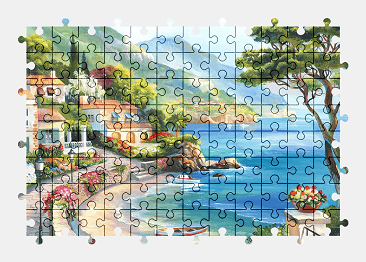 Jigsaw puzzle online painting,nature,beach,colorful,building,seascape