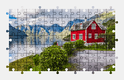 Jigsaw puzzle online norway,nature,colorful,building,lake,mountains