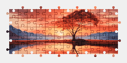 Jigsaw puzzle online sunset,tree,landscape,mountains,colorful,lake